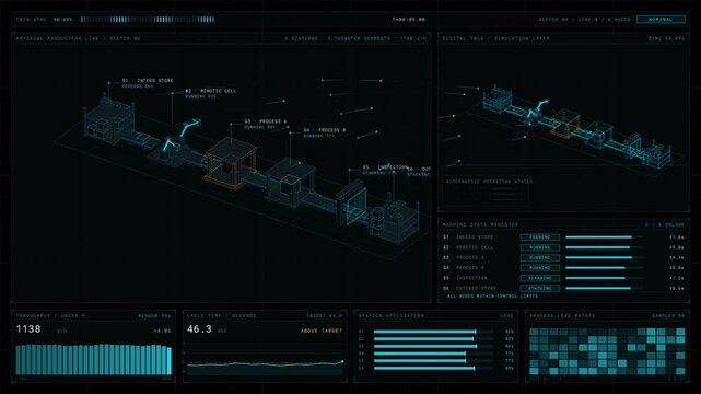 Explore a cinematic dark-mode digital twin visualization of a fictional smart manufacturing production line featuring abstract components and real-time data analytics.