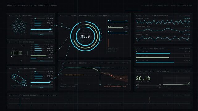 Cinematic industrial reliability dashboard showcasing AI-based failure forecasting with dynamic health trajectories and predictive-risk highlights in a dark environment.