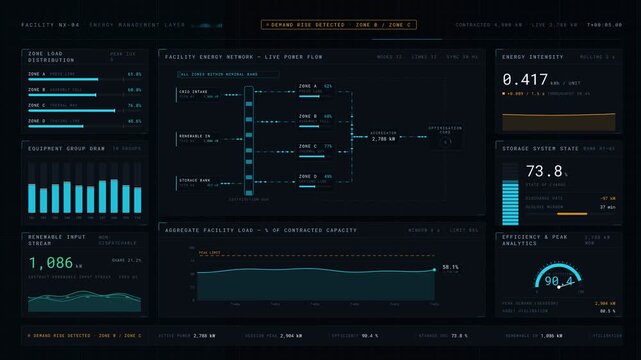 Experience a dark-mode industrial energy management dashboard showcasing AI-assisted optimization for electricity consumption in a fictional manufacturing facility with vibrant colors.