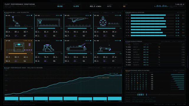 Monitor the performance of a fleet of industrial robots in a dark-mode dashboard showcasing live telemetry and automation in a smart factory environment.