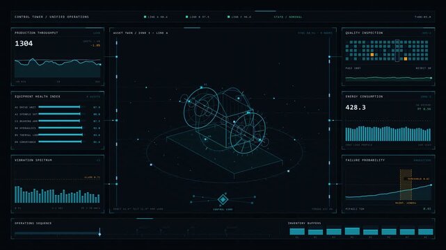 Explore a sophisticated dark-mode smart manufacturing control tower visualization unifying production, quality, energy, and inventory analytics in a premium interface design.