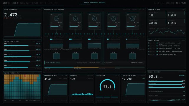 A high-end smart factory command dashboard showcasing real-time production bottleneck detection with animated data visualizations and a sleek dark-mode interface.