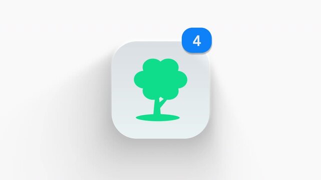 Nature tree app icon featuring animated notification badge with counter 1 to 99, dynamic shadow effect, minimalist forest green ecology woods concept, on white background. 
