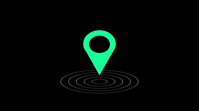 Red map location pin icon with pulsing radar circles animation on black background,location map pointer with pin icon and location animation 4k animation