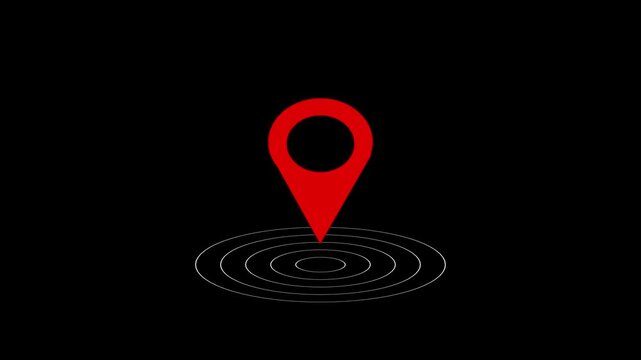 Red map location pin icon with pulsing radar circles animation on black background,location map pointer with pin icon and location animation 4k animation