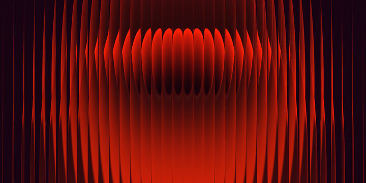 Red ribbed glass waves 3D render, abstract glowing neon line refraction, futuristic vertical stripes texture, dynamic digital technology banner design.