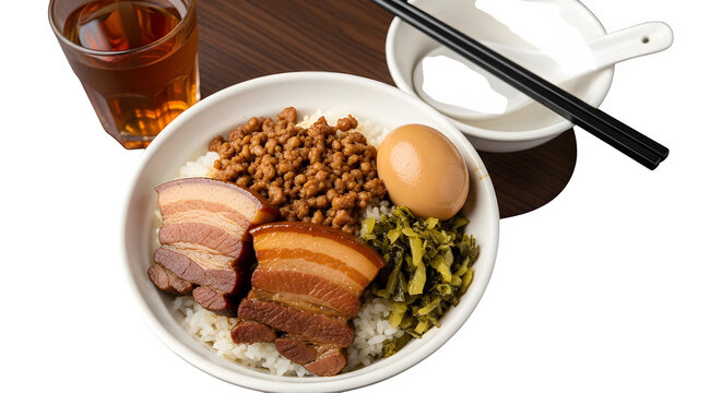 Braised pork belly rice bowl with minced meat and marinated egg isolated on transparent background