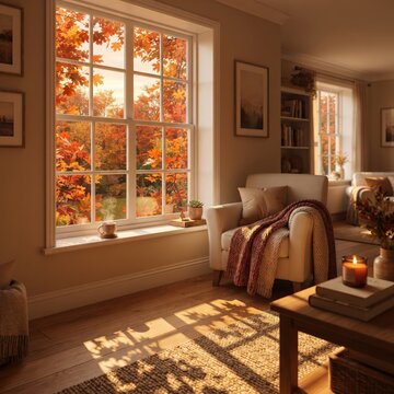 Warm autumn sunlight through a living room window with colorful trees outside, peaceful home atmosphere and seasonal interior background.