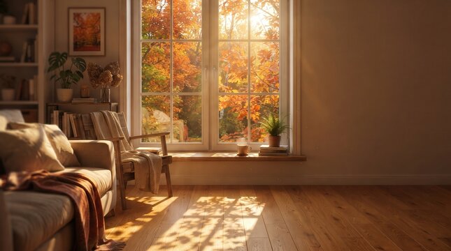 Warm autumn sunlight through a living room window with colorful trees outside, peaceful home atmosphere and seasonal interior background.