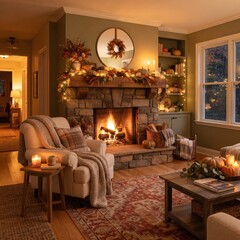 Fototapeta premium Warm autumn living room with cozy sofa, blankets and seasonal decor, comfortable home interior and relaxing fall evening.