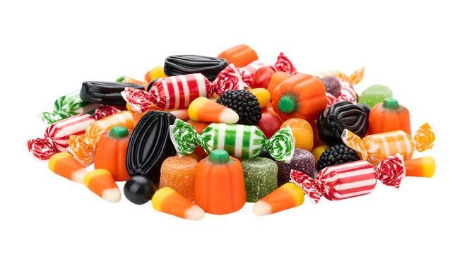 Pile of assorted halloween candy isolated on transparent background