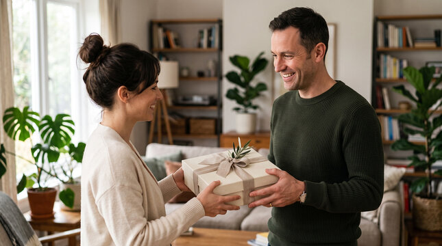 Man receiving a gift box in a cozy living room. International Men's Day concept
