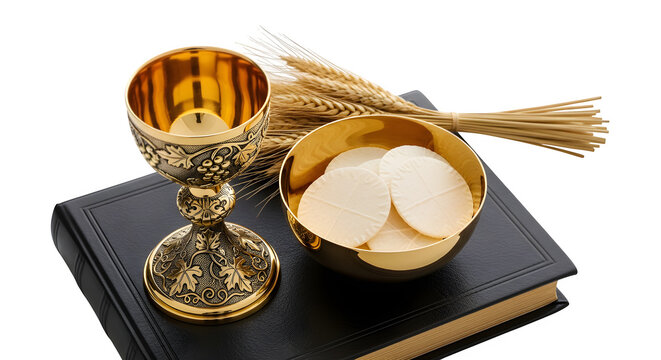 Catholic eucharist chalice and paten with communion wafers on a bible isolated on transparent background