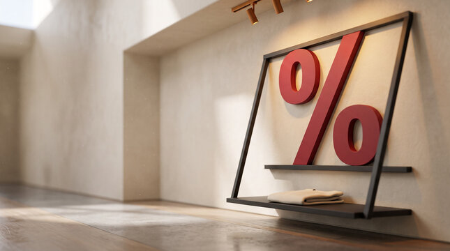 Red percentage sign displayed in modern interior setting  