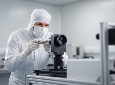 Engineer in sterile cleanroom suit aligning a precision laser beam into an optical camera lens