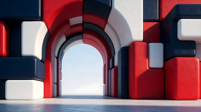Abstract 3d architectural arch tunnel made of red white and dark blue blocks background