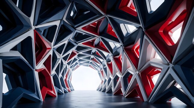 Futuristic parametric tunnel architecture with red white and dark blue geometric frame structure