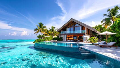 Fototapeta premium Modern beachfront house with infinity pool at sunset.
