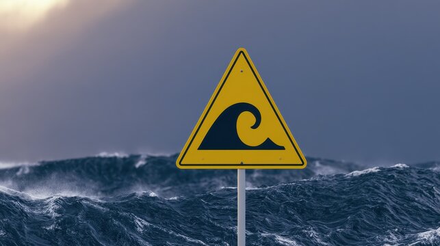 Yellow tsunami warning sign against stormy ocean waves and dark clouds backdrop