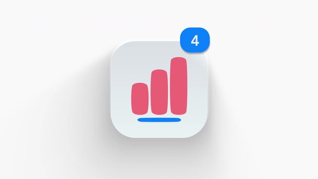 Bar chart app icon featuring animated notification badge with counter 1 to 99, dynamic shadow effect, minimalist financial growth statistics concept, on white background. 
