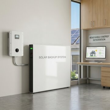 Residential battery storage system connected to rooftop solar panels for home energy independence and sustainable power management.