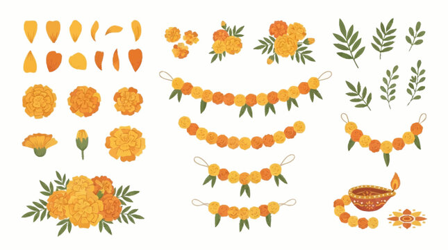 Decorative Indian Marigold Flower Vector Set with Festive Garlands Toran Floral Ornaments and Traditional Diya Lamp for Diwali Celebration Design