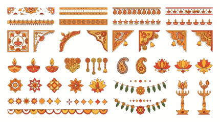 Fototapeta premium Traditional Indian festive design elements collection featuring ornate borders corners diyas lamps and floral motifs for celebrations