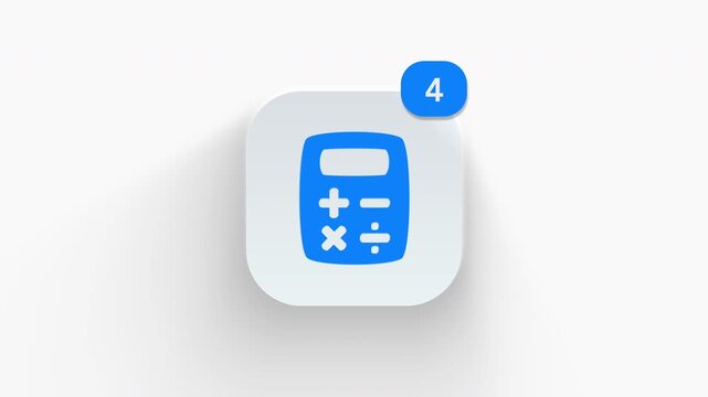 Calculator app icon featuring animated notification badge with counter 1 to 99, dynamic shadow effect, minimalist financial math accounting concept, on white background. 