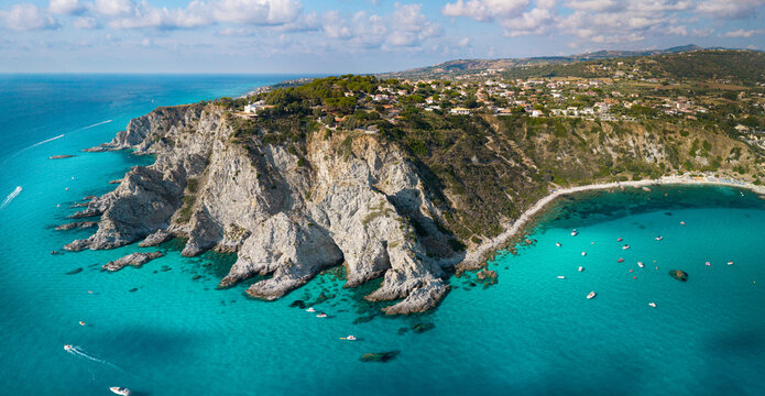 Capo Vaticano Calabria Italy aerial panoramic view vertical cliffs turquoise sea boats anchored in coves dramatic coastline iconic landmark high resolution world print  gigapixel panorama