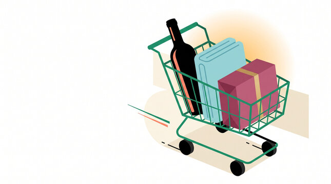 Shopping cart filled with wine, gifts, and groceries  