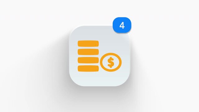 Coin stack app icon featuring animated notification badge with counter 1 to 99, dynamic shadow effect, minimalist money savings wealth concept, on white background. 