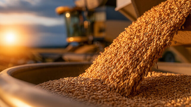 Harvesting grain at sunset on a farm with machinery in the background