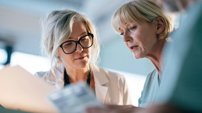 Talking with a patient, a care coordinator holds the conversation while comparing the patient history beside a clearly visible medication package. A low-angle medium photograph
