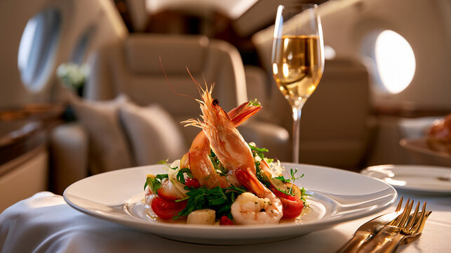 Luxury dining experience on a private jet with shrimp dish and wine