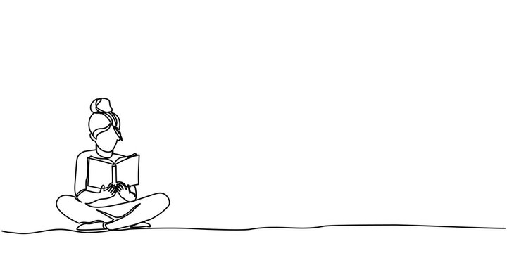 Book woman line read girl continuous student outline art illustration. Line drawing child book woman summer reading lineart silhouette education moslem women group story black youth reader linear.