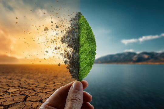 climate change, hand holding a green leaf disintegrating into ash above cracked earth and water, photorealistic OeE