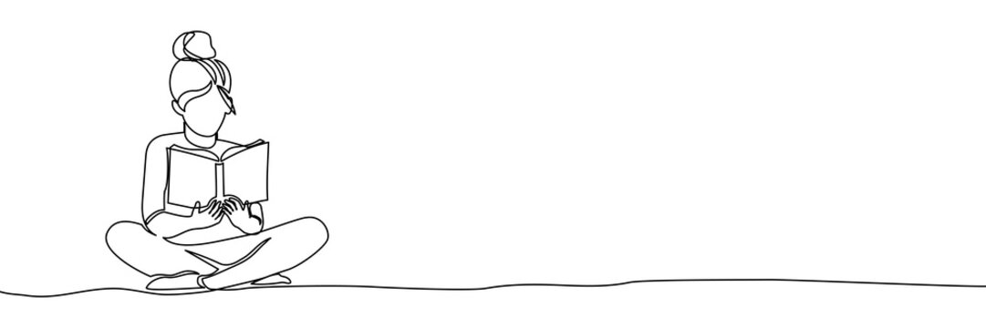 Book woman line read girl continuous student outline art illustration. Drawing line woman book child newspaper vector group graphic happy one teacher park curiosity people library relax sketch summer.
