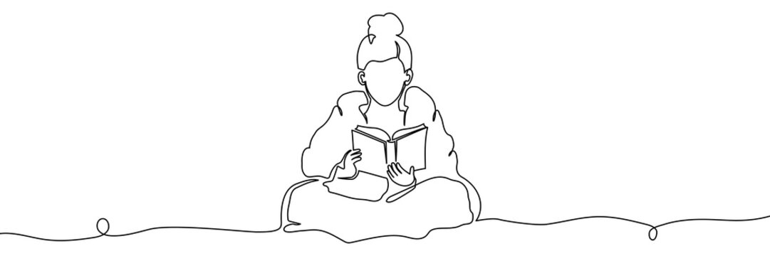 Book woman line read girl continuous student outline art illustration. Child book drawing woman line relax women library reader group linear sitting magazine lineart newspaper black sketch vector.