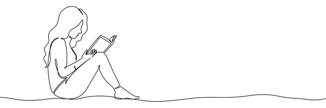 Book woman line read girl continuous student outline art illustration. Child book woman line drawing design reader teacher newspaper summer sketch adult magazine education black happy linear group.