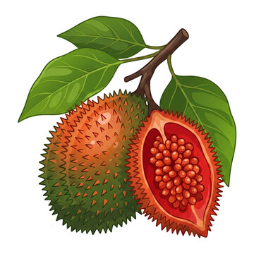 Premium Vector Illustration of Fresh Annatto Fruit Bixa Orellana Whole Spiky Pod and Open Half Showing Red Seeds with Leaves Isolated on Light Background