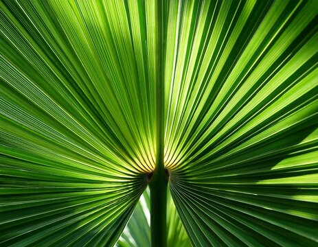 close up of vibrant green palm leaf with sunlight casting natural shadows and texture