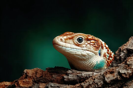 A beautiful close-up of a lizard emerging from a branch, the reptile's scales and patterns capturing the essence of wildlife and natural beauty