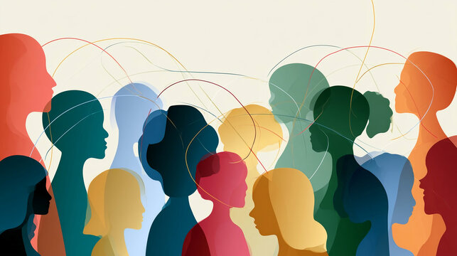 Silhouettes of people with different colors and shapes communicating in a conceptual art representation