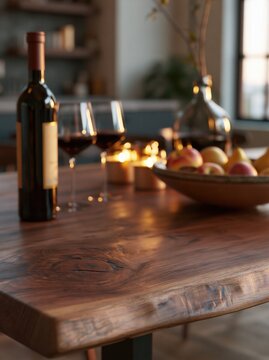 Rustic live edge wooden table with wine glasses and ceramic fruit bowl