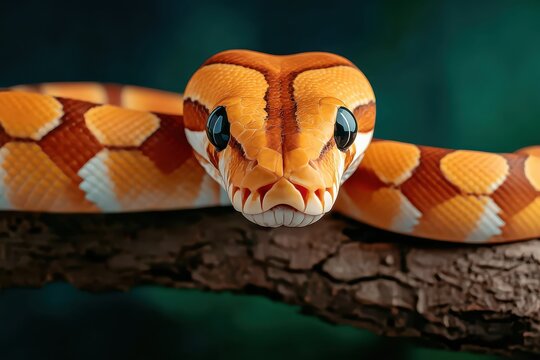 A stunning ball python is captured in a close-up portrait, revealing its intricate pattern and captivating the viewer with its docile temperament and beauty