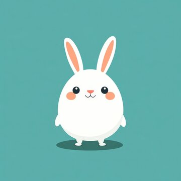 Chubby white baby rabbit cartoon character with rosy cheeks and pink ears on a teal background.