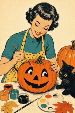 Retro Halloween pumpkin carving with black cat.