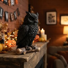 Naklejka premium Black raven perched among Halloween decorations for spooky storytelling, gothic home decor and seasonal event promotions.