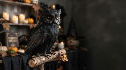 Naklejka premium Black raven perched among Halloween decorations for spooky storytelling, gothic home decor and seasonal event promotions.