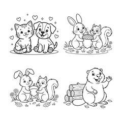 Fototapeta premium Charming hand drawn illustrations of adorable animals interacting in a whimsical forest setting